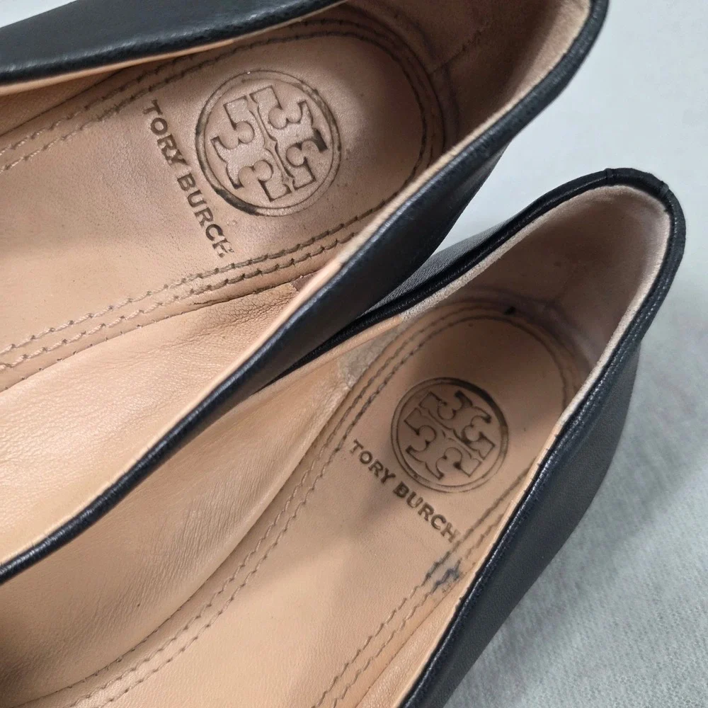 Tory Burch Black Leather Ballet Flats Tortoiseshell Bow Logo Buckle Womens 6M
